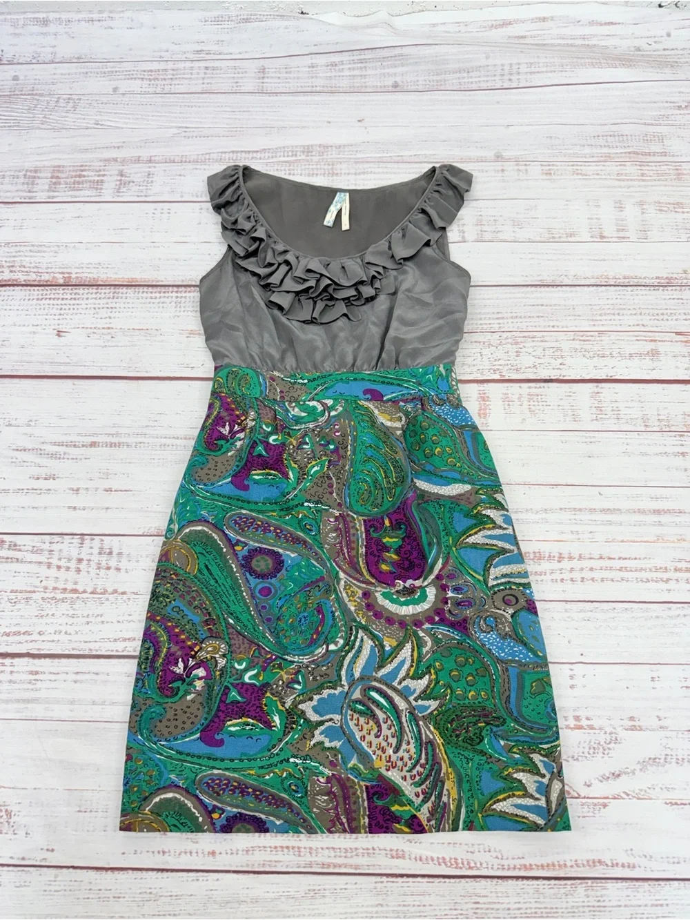 Anthropologie Maeve Size 2 Seaside Fields Sheath Dress gray silk ruffle bodice